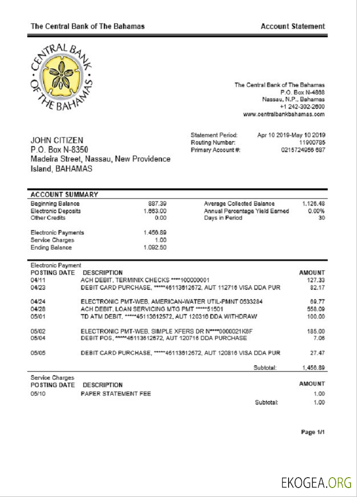 Bahamas Relevé bancaire de la Banque centrale des Bahamas